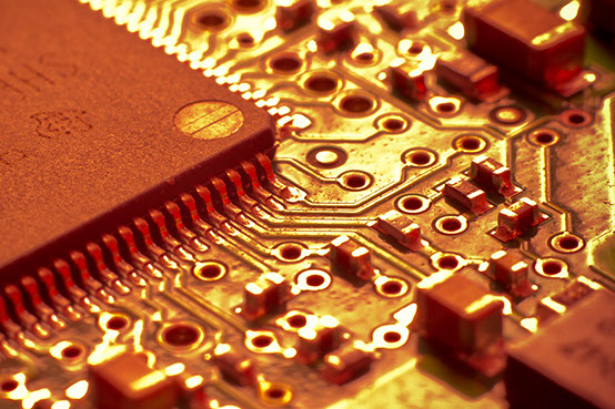 Gold circuit board macro — precision electronics